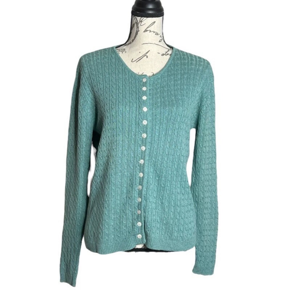 Vintage 80s Jade Green Button Up Linen Cotton Blend Granny Chic Sweater